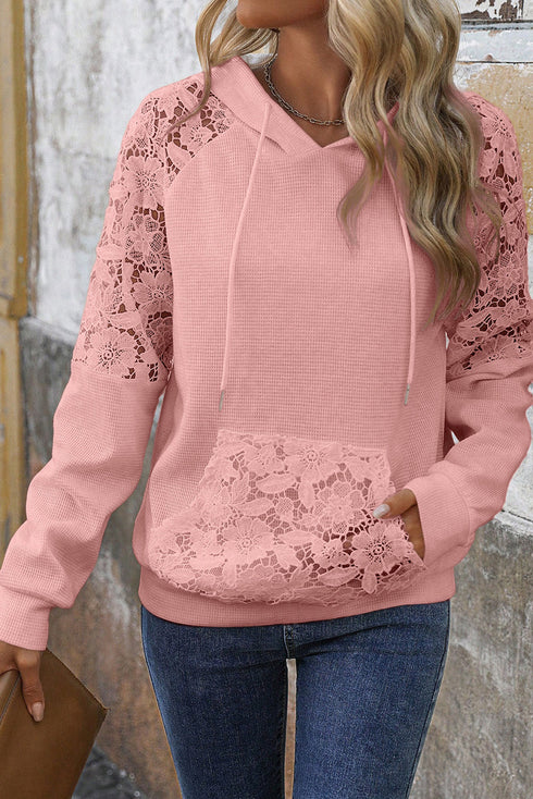Waffle Knit Lace Patchwork Raglan Drawstring Kangaroo Pocket Hoodie